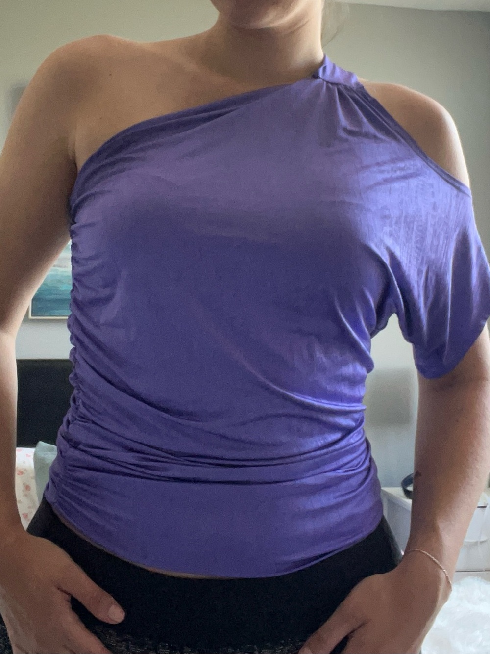 Suzy Shier Purple Draped One-Shoulder Top